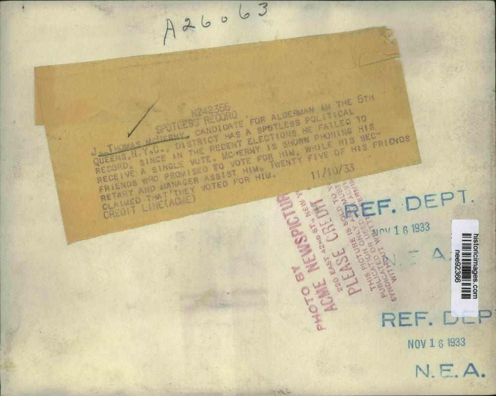 1933 Press Photo Thomas McNerny Calling His Friends - nee92366