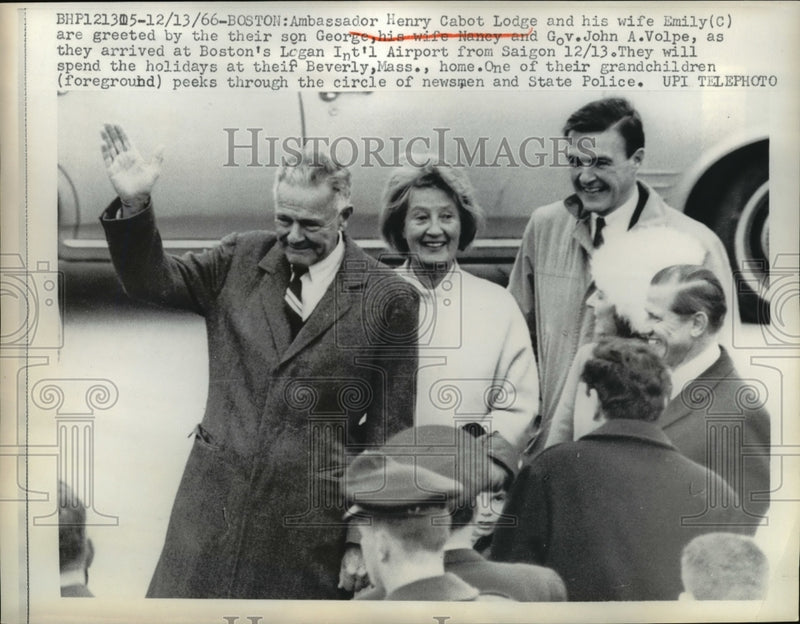 Load image into Gallery viewer, 1966 Press Photo Ambassador Henry Cabot Lodge and wife and Son George and Wife
