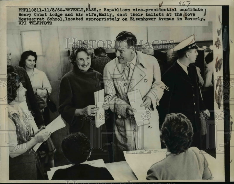 Load image into Gallery viewer, 1960 Press Photo Henry Cabot Lodge and wife Emily cast their ballots - nee92454
