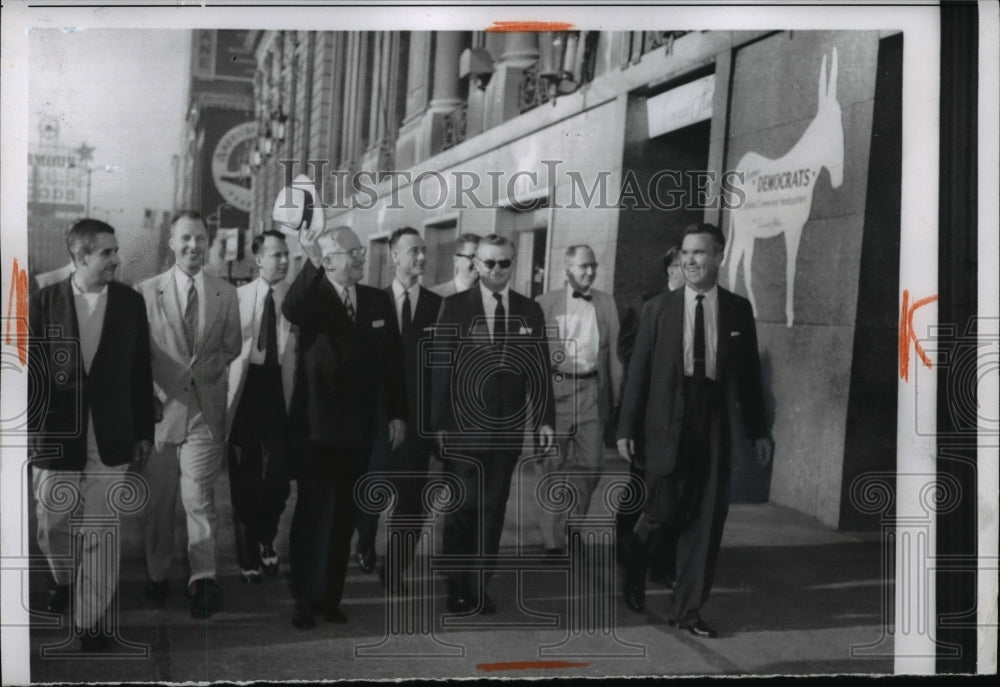 1956 Press Photo Pres.Harry S.Truman tips his hat to the Democratic Donkey