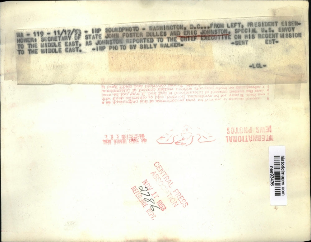 1953 Press Photo Pres. Eisenhower, John Foster Dulles and Eric Johnson