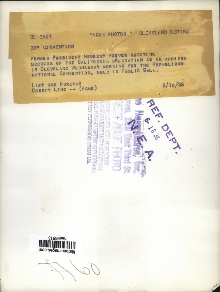 1936 Press Photo Former President Herbert Hoover As He Arrived In Cleveland