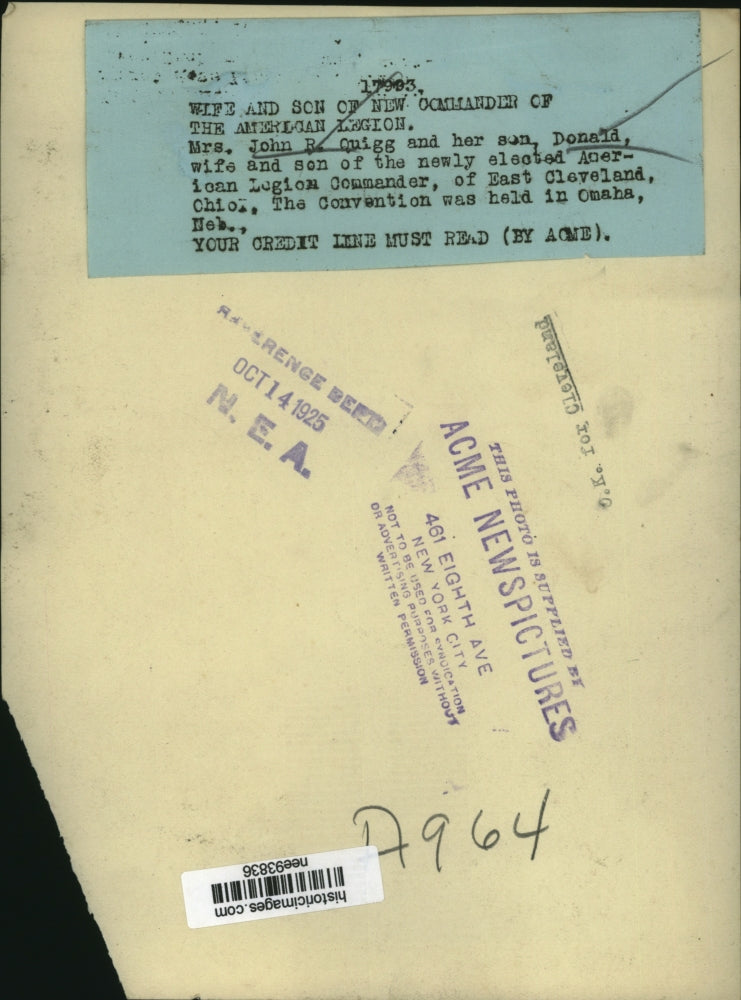 1925 Press Photo Mrs.John R.Quigg & son Donald elected American Legion Commander