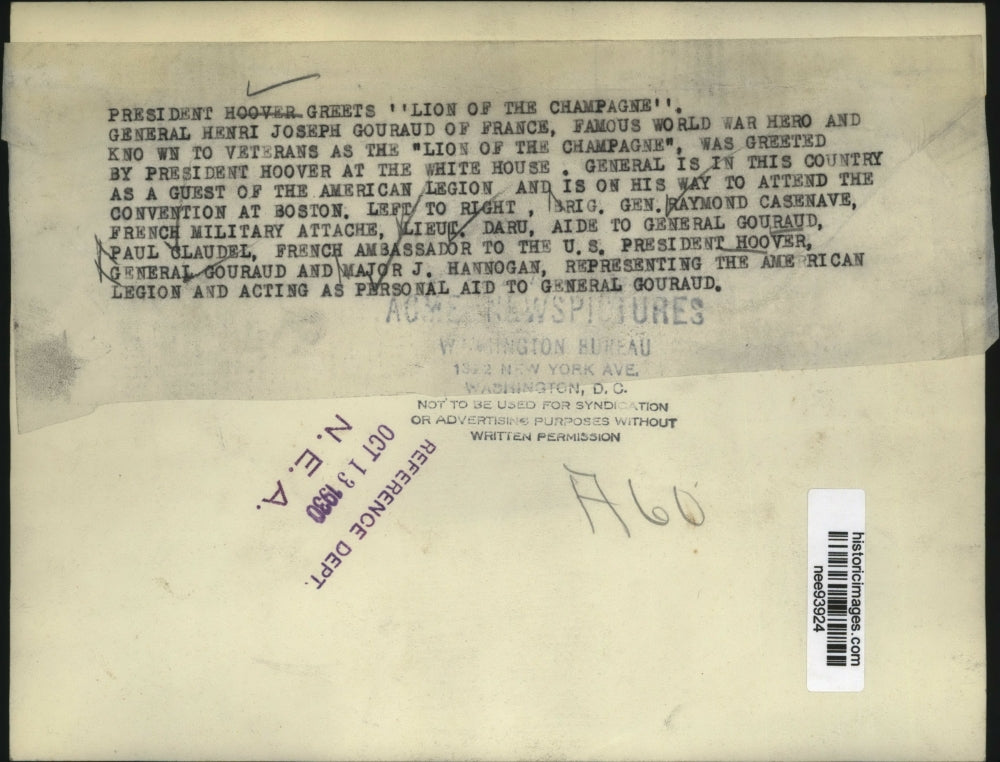1930 Press Photo Pres.Herbert Hoover greets Henri Joseph Gouraud of France