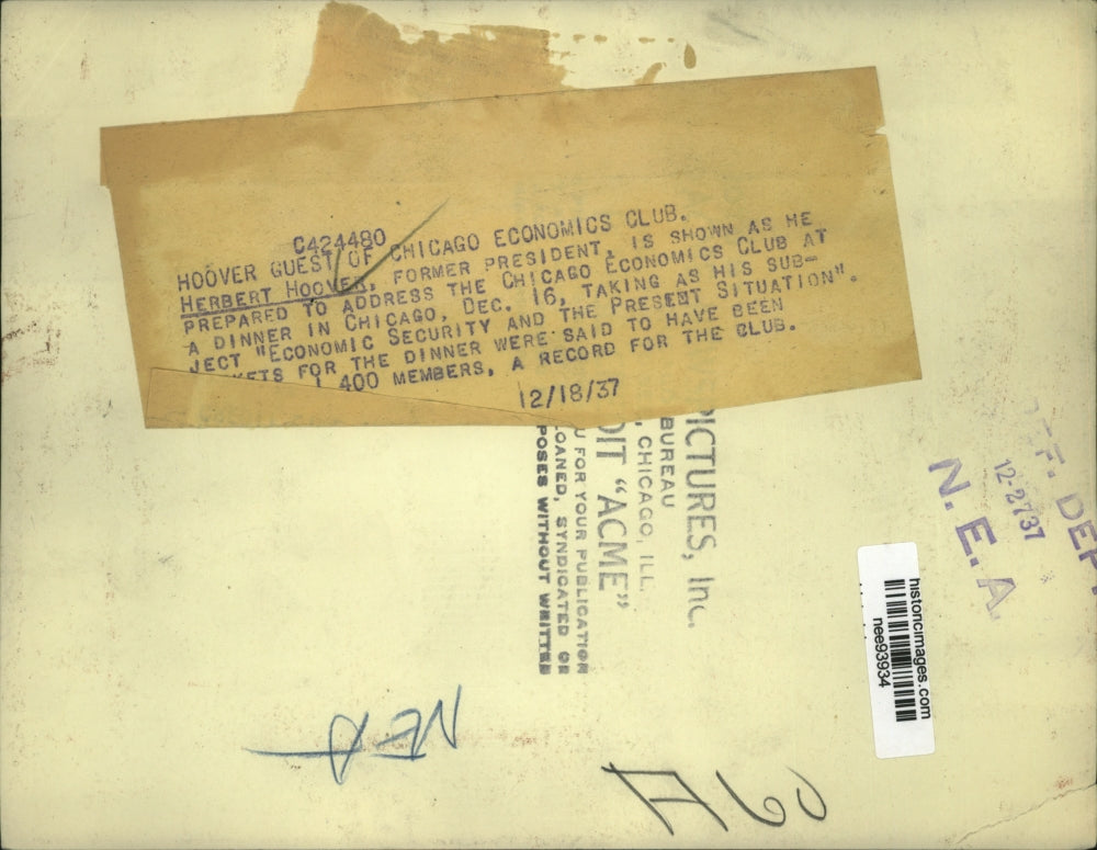 1937 Press Photo Pres.Herbert Hoover addressed to the Chicago Economic Club