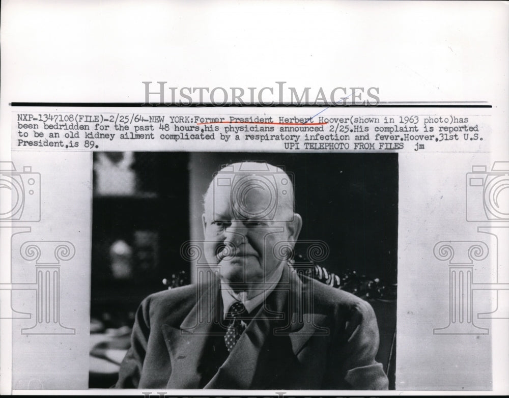 1964 Press Photo Herbert Hoover in bedridden from respiratory Infection