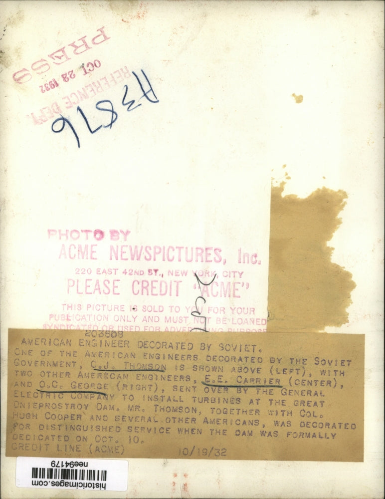 1932 Press Photo American Engineer C.J. Johnson, With Fellow Workers