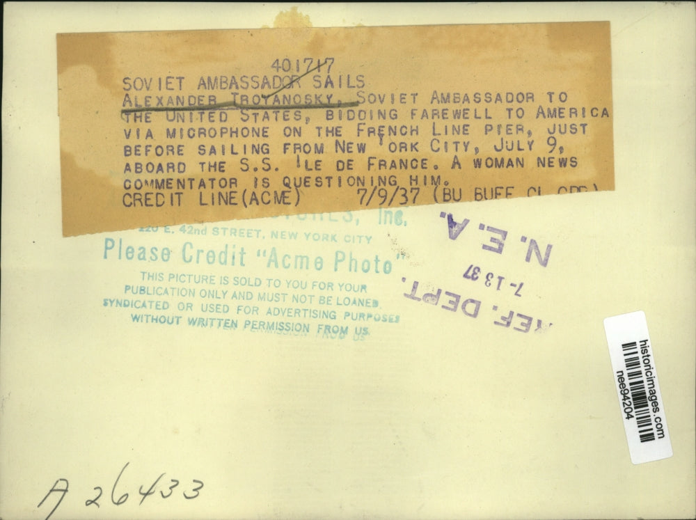 1937 Press Photo Soviet Ambassador to the US Alexander Troyanosky bids farewell