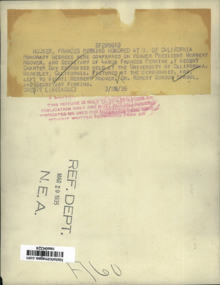 1935 Press Photo Pres.Herbert Hoover honored at University of California