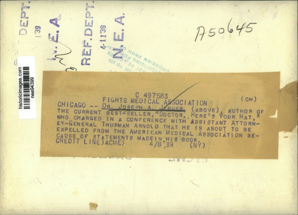 1939 Press Photo Dr.Joseph A Jerger Author of Doctor's Here's Your Hat