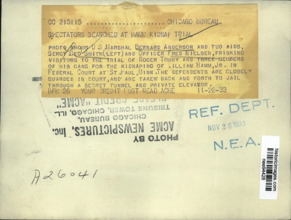 1933 Press Photo US Marshal Bernard Anderson Officers George Smith Fred Nielsen