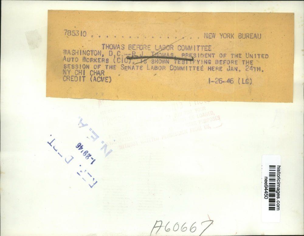 1946 Press Photo PJ Thomas President of United Auto Workers testifies