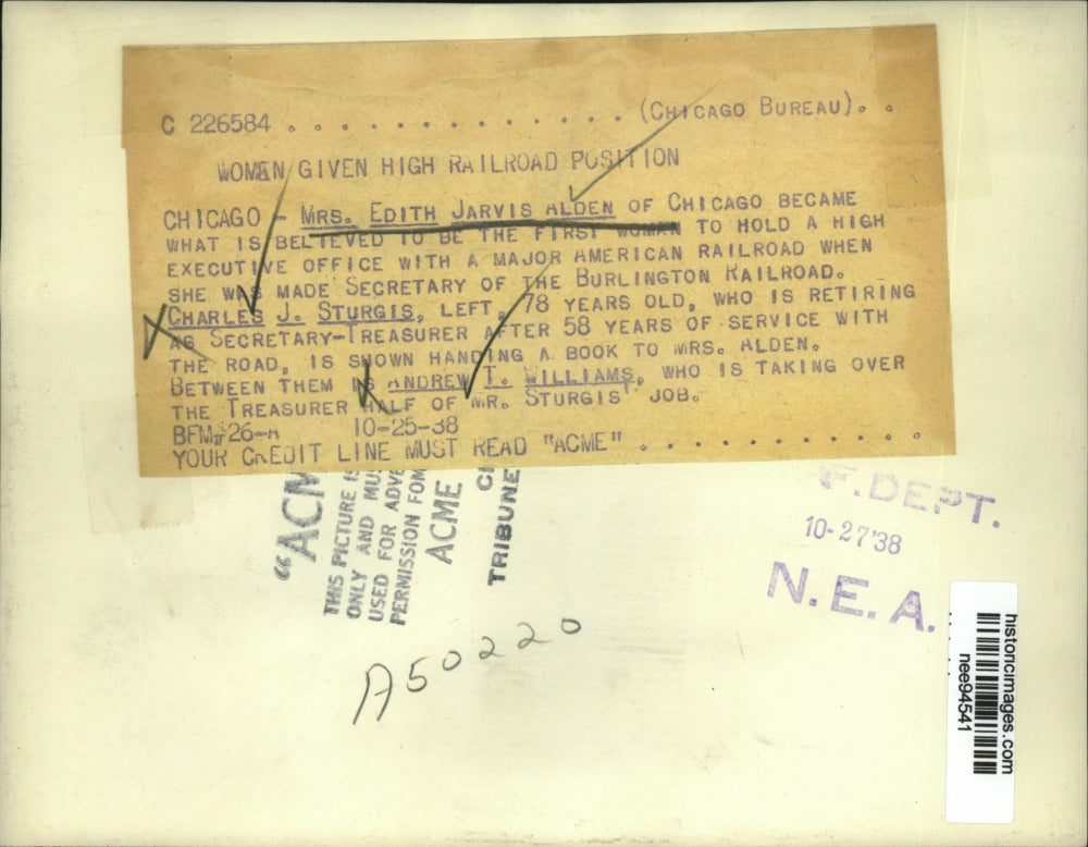 1938 Press Photo Edith Jarvis Alden named Secretary of Burlington Railroad