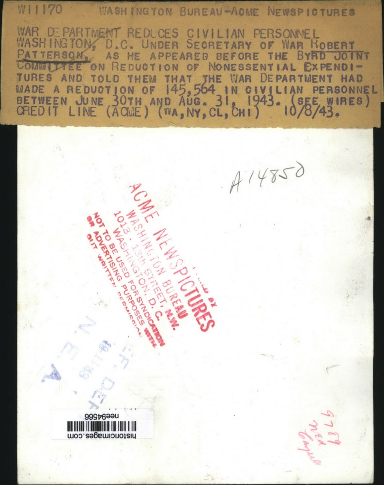 1943 Press Photo Robert Patterson Undersecretary of War at Byrd Joint Committee