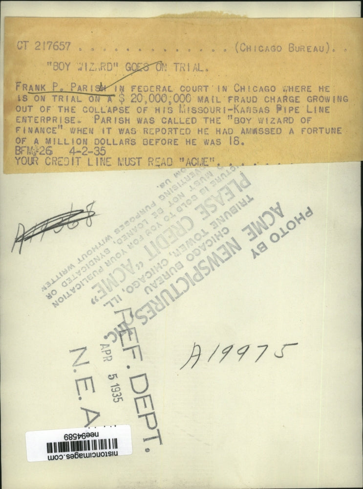 1935 Press Photo Frank Parish on trial in Chicago for mail fraud charges