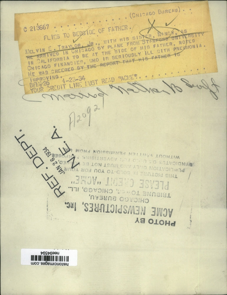 1934 Press Photo Melvin Traylor & sister Nancy fly to Chicago from California