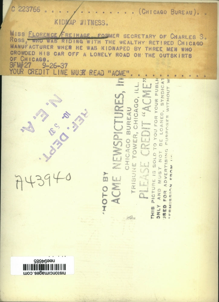 1937 Press Photo Miss Florence Freihage Was Kidnapped By Three Men - nee94685