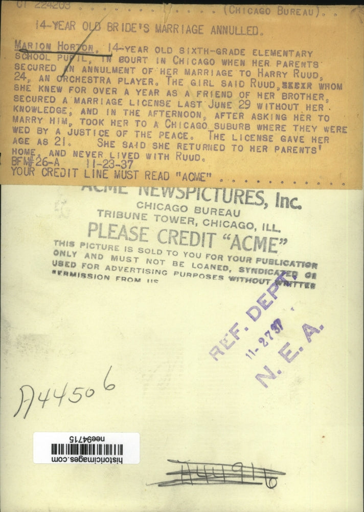 1937 Press Photo Marion Horton Fourteen year old bride of Harry Ruud 24 yrs.old