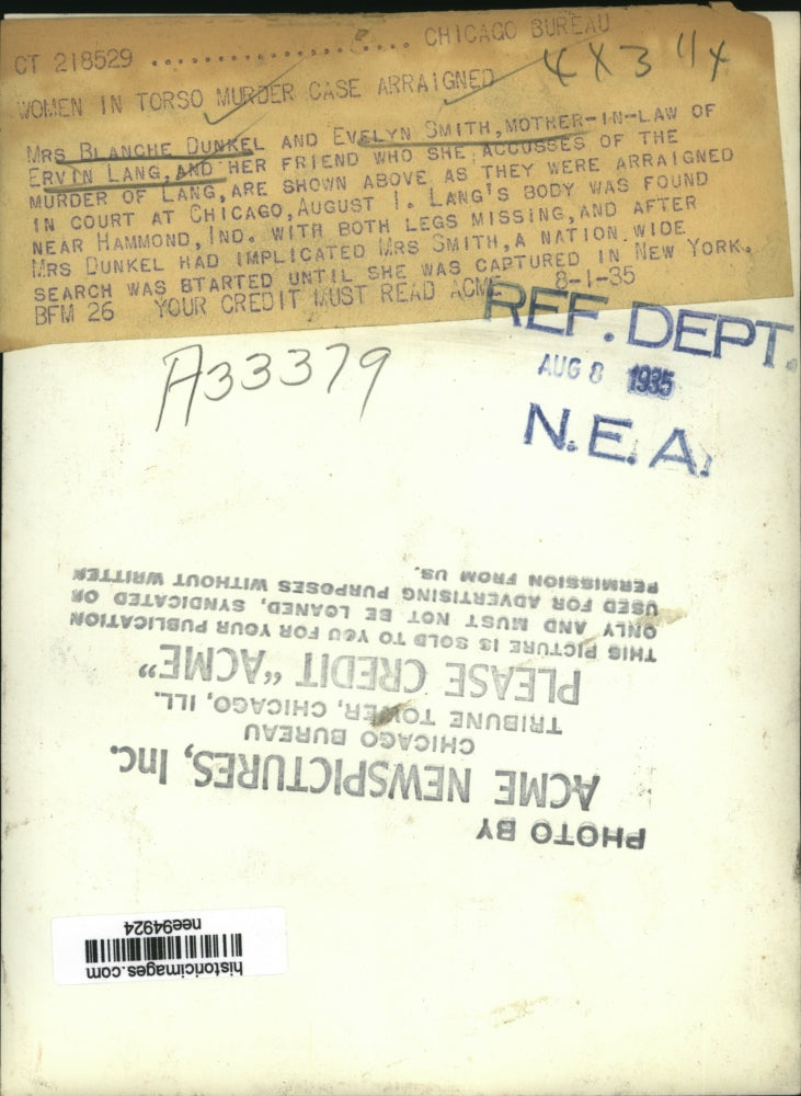 1935 Press Photo Blanche Dunkel & Evelyn Smith arraigned in death of Ervin Lang