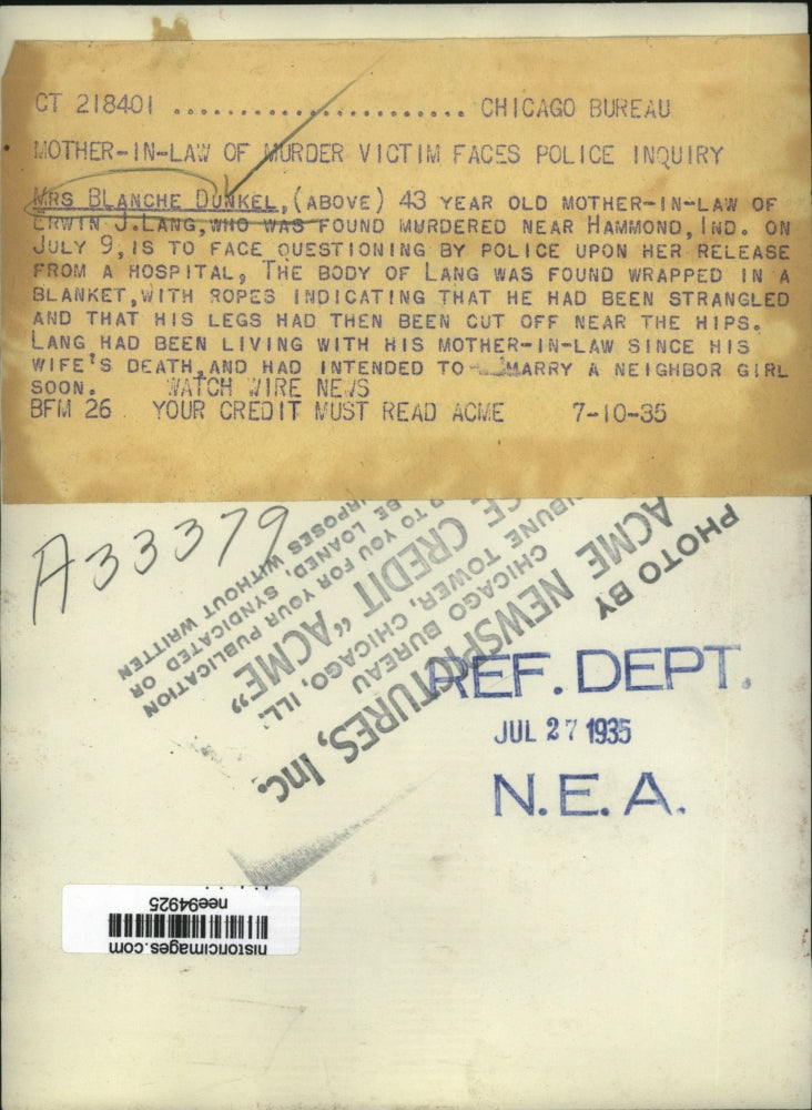 1935 Press Photo Blanche Dunkel mother-in-law of murder victim Erwin Lang