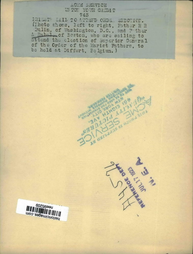 1923 Press Photo Priest Sail To Belgium For Church Election - nee95209