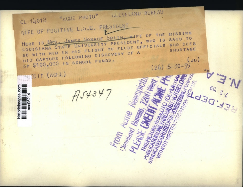 1939 Press Photo Mrs James Monroe Smith wife of missing LSU President