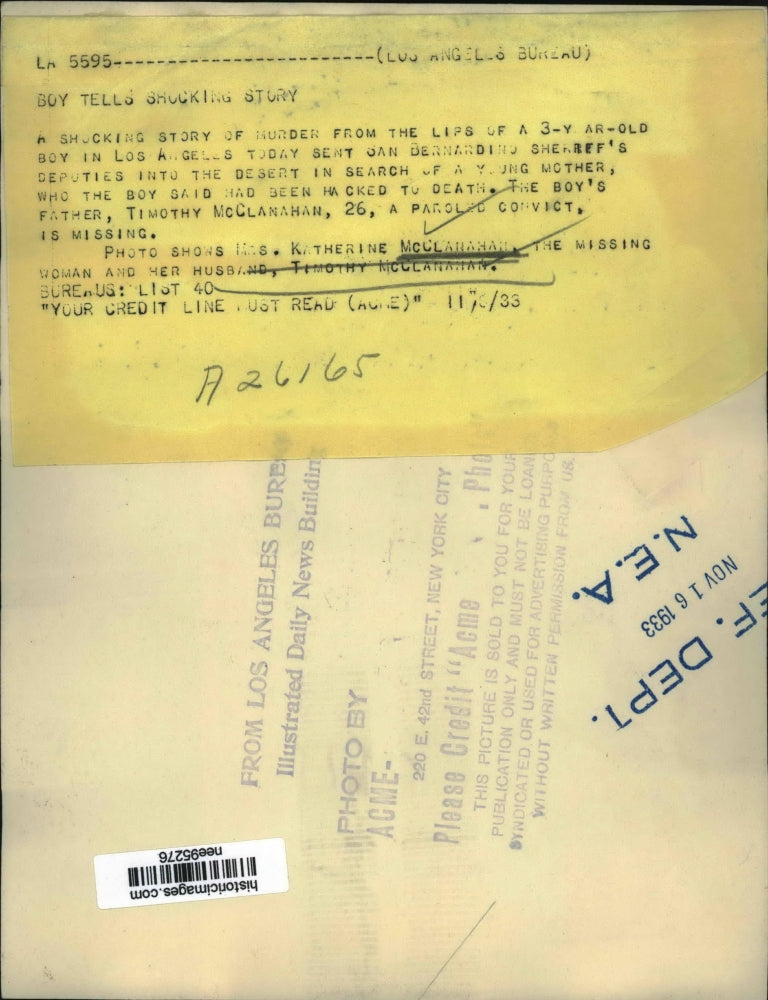 1933 Press Photo Katherine McClarahan & husband Timothy who are both missing