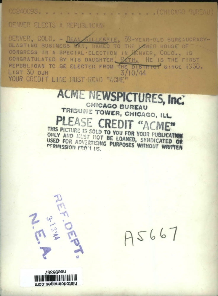 1944 Press Photo Businessman Dean Gillespie wins special election to Congress