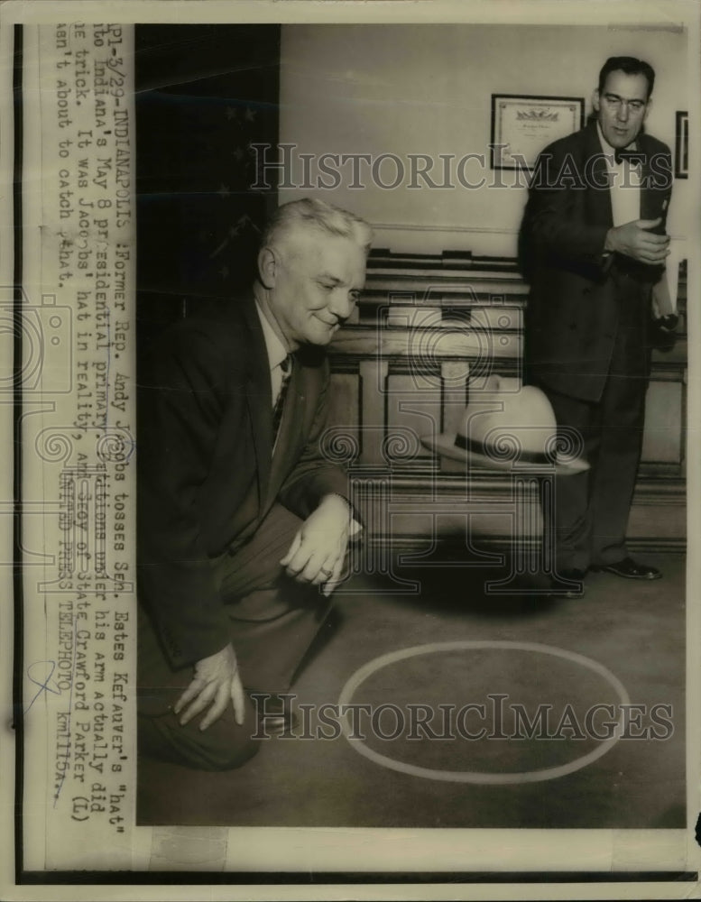 Load image into Gallery viewer, 1956 Press Photo U.S. Representative Andy Jacobs Tosses Estes Kefauver's Hat
