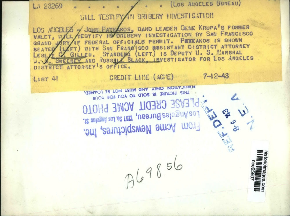 1943 Press Photo John Pateakos Band Leader testified in Bribery investigation