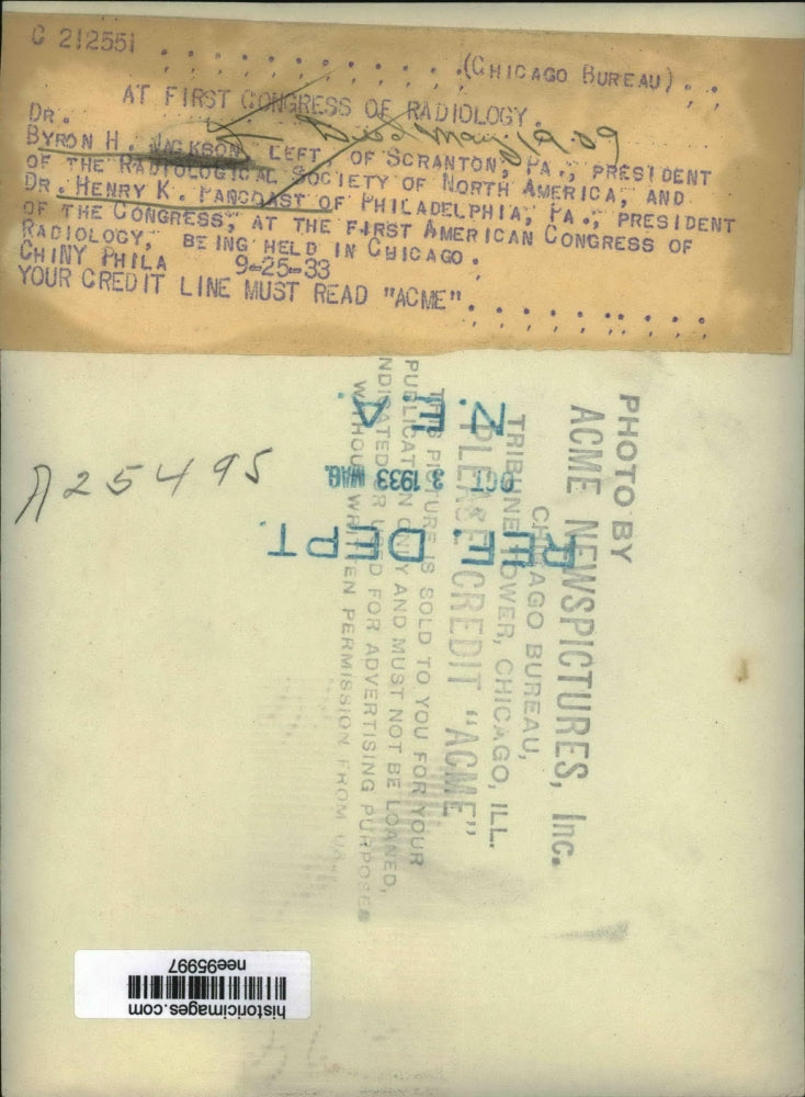 1933 Press Photo Dr. Byron Jackson And Dr. Henry At The Congress If Radiology