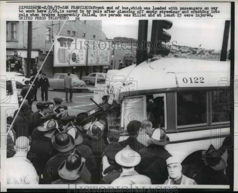 1957 Press Photo One Was Killed When Bus Crashed Into Pole When Brakes Failed