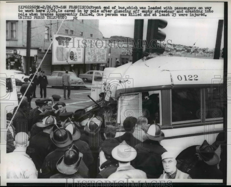 Load image into Gallery viewer, 1957 Press Photo One Was Killed When Bus Crashed Into Pole When Brakes Failed
