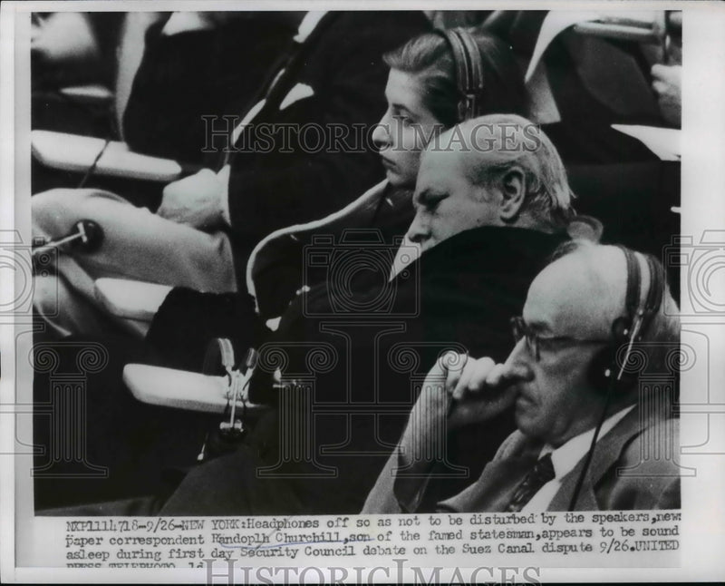 Load image into Gallery viewer, 1956 Press Photo Randolph Churchill son of Winston Churchill in headphones
