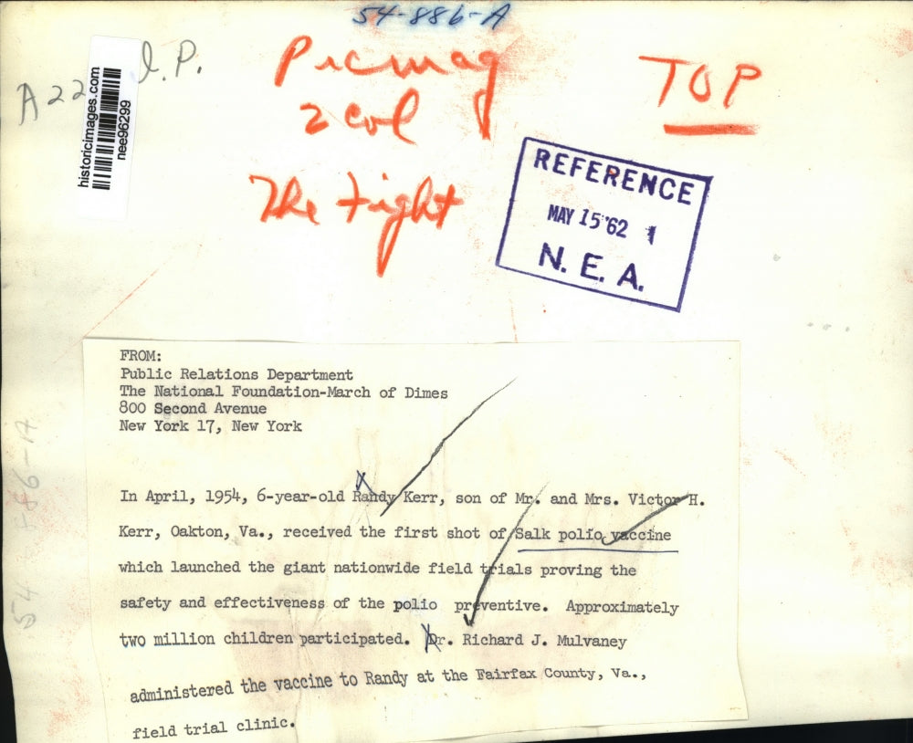 1962 Press Photo Randy Kerr received this first shot of Salk Polio Vaccine