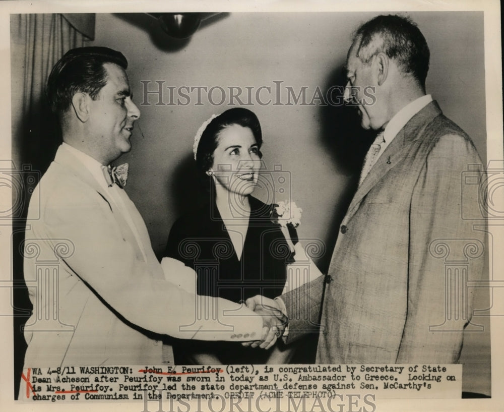 1950 Press Photo John E.Peurifoy congratulated Sec of State Dean Achenson
