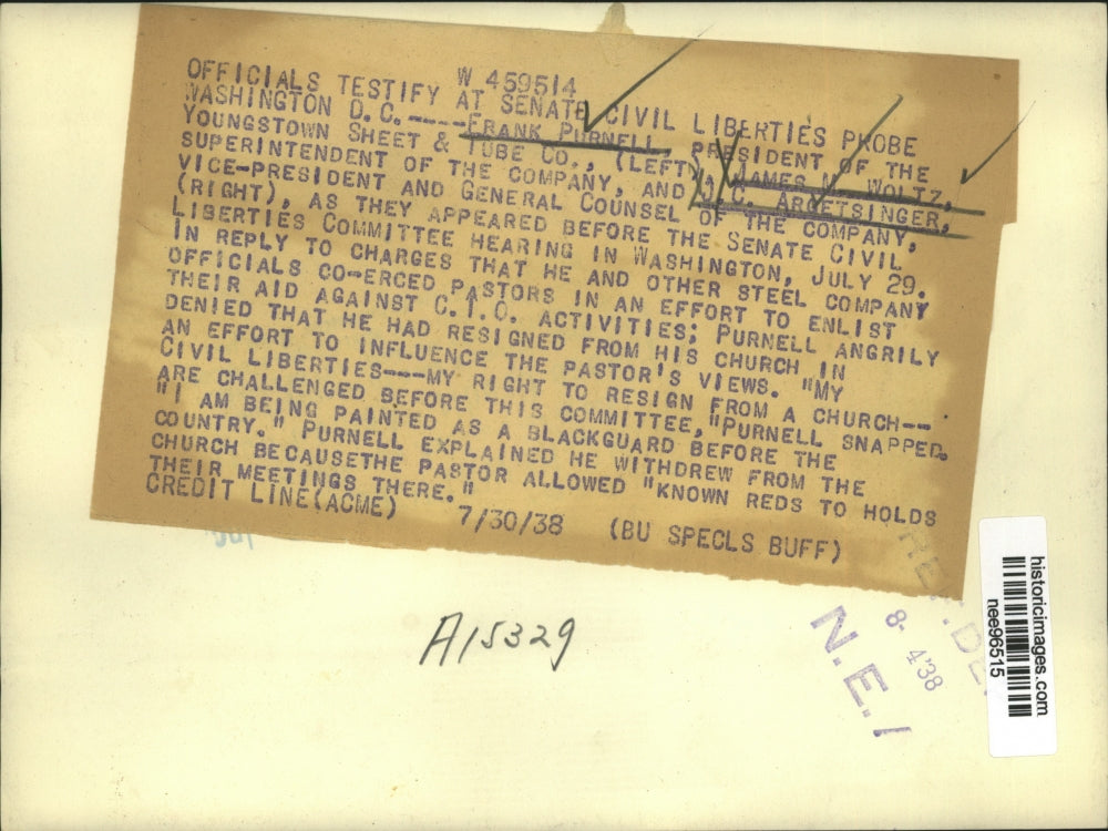 1938 Press Photo Youngstown Sheet & Tube Co. Officials testify at Senate