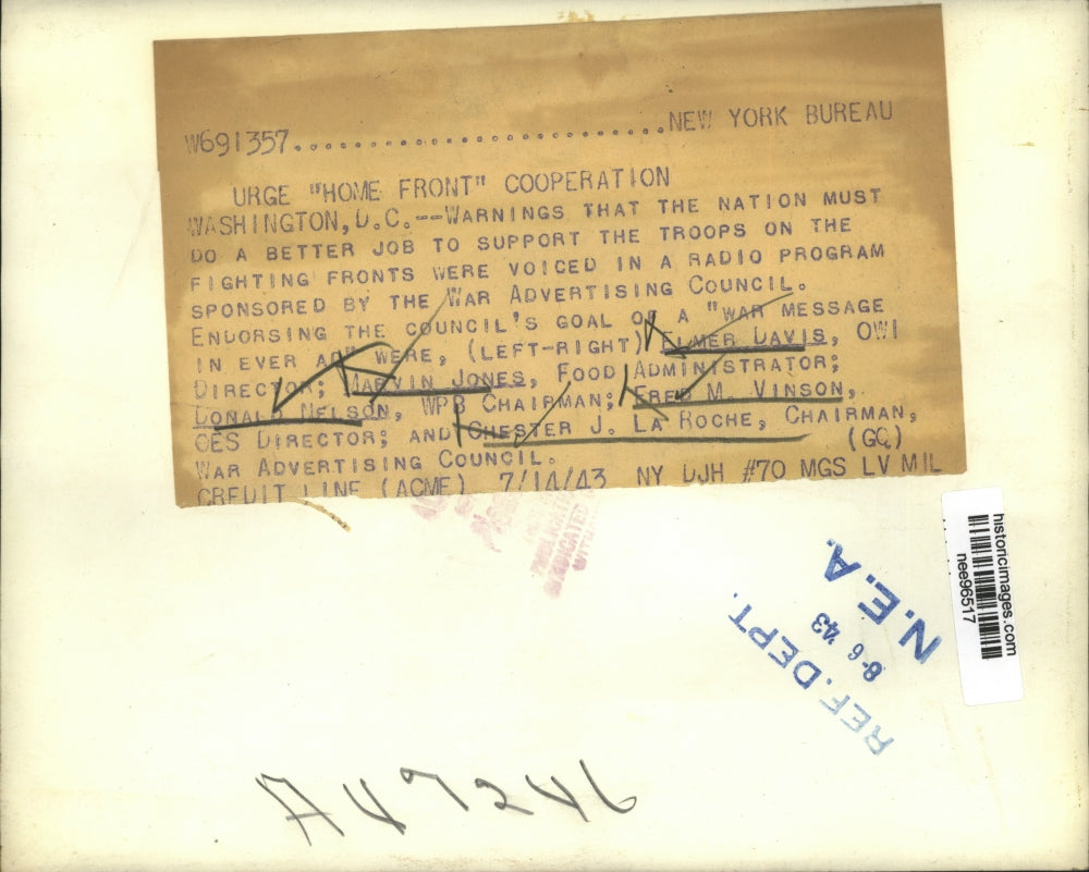 1943 Press Photo War Advertising Council endorsing goal of a War Message