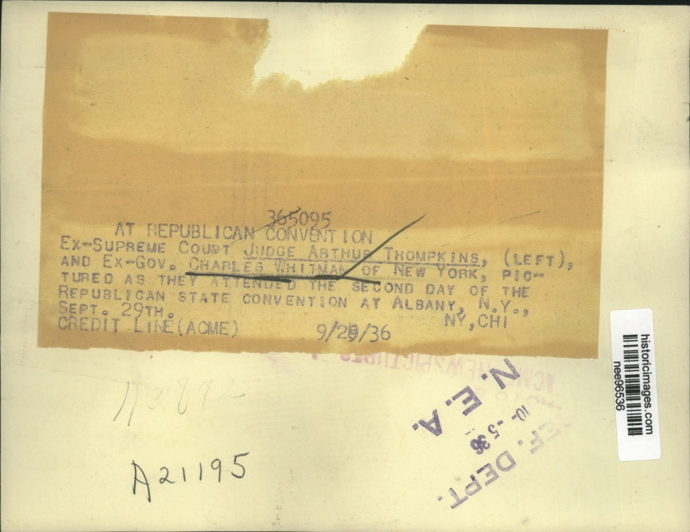 1936 Press Photo Judge Arthur Thompkins and ex-Gov. Charles Whitman of N.Y