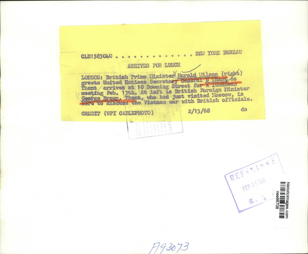 1968 Press Photo British Prime Minister Harold Wilson Greets U Thant - nee96708