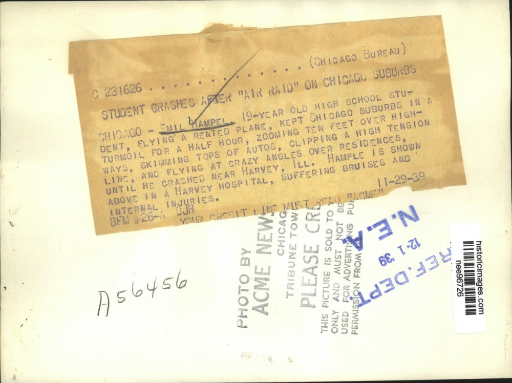 1959 Press Photo Emil Hampel,fly a rented plane crash after Air Raid on Chicago