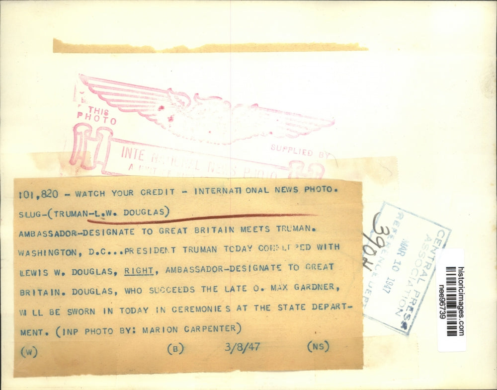1947 Press Photo Pres.Harry Truman and Amb.Lewis E. Douglas to Great Britain