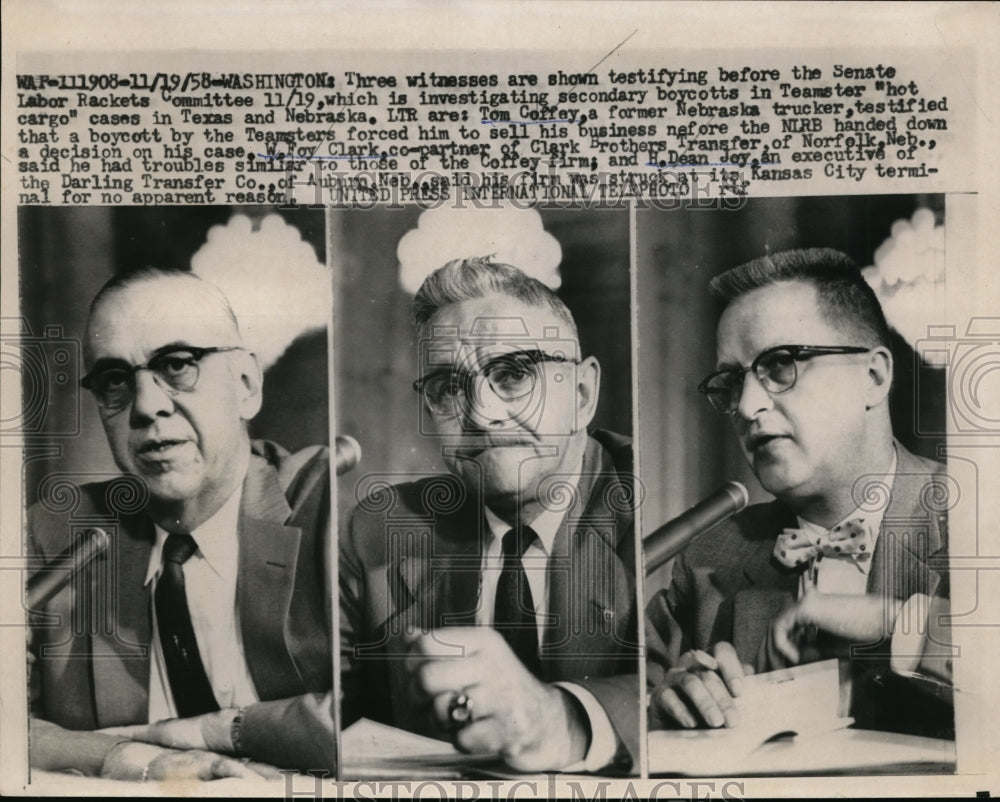 1958 Press Photo Three witness testify at Senate Labor Rackets Committee