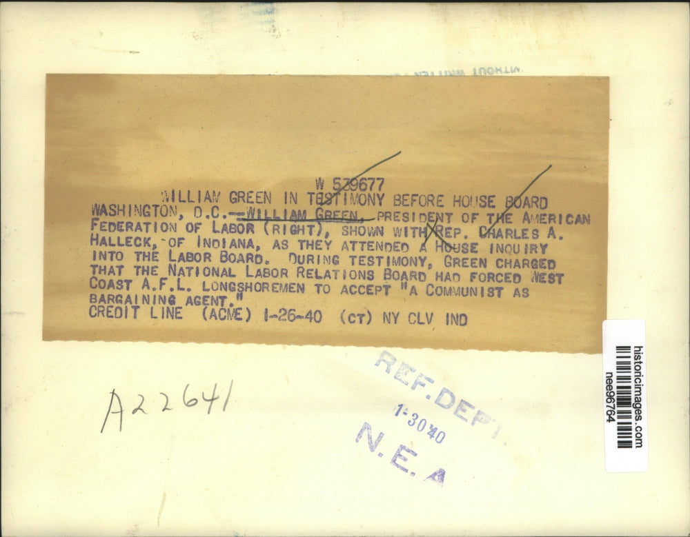 1940 Press Photo William Green of American Federation of Labor at House Board