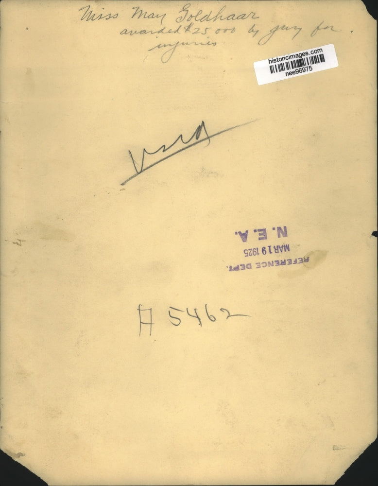 1925 Press Photo Ms. Mary Goldhaar, awarded $25,000 by Jury for injuries