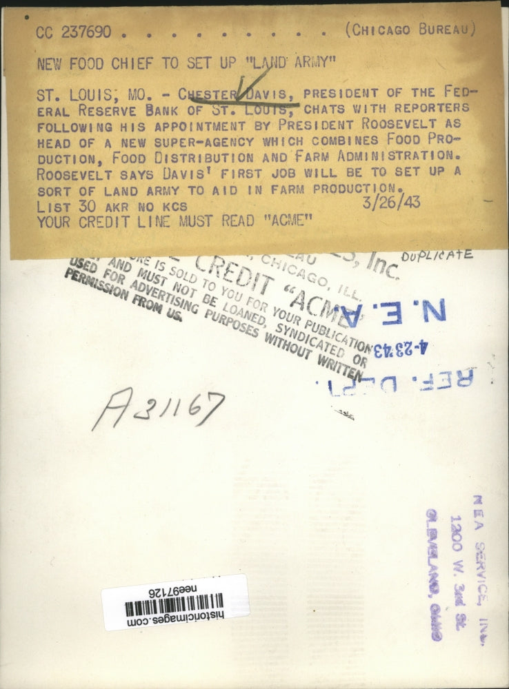 1943 Press Photo Chester Davis Pres.of Federal Reserve Bank of St.Louis