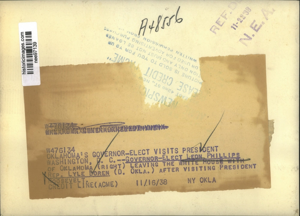 1938 Press Photo Gov.Leon Phillips of Oklahoma and Rep. Lyle Boren of Okla