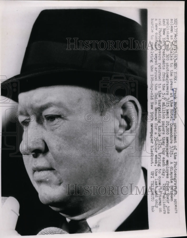 1963 Press Photo Frank McGowan, Pres. of Photoengravers at Press conference
