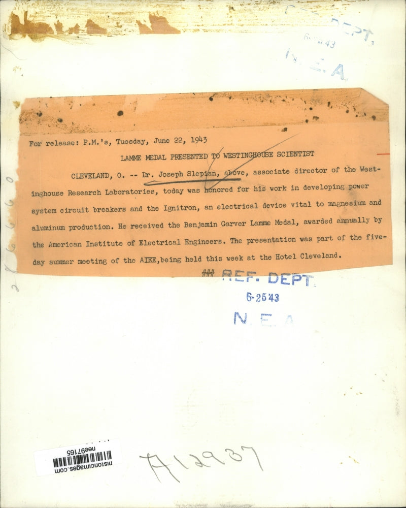 1943 Press Photo Dr.Joseph Slepian Associate director of Westinghouse Research