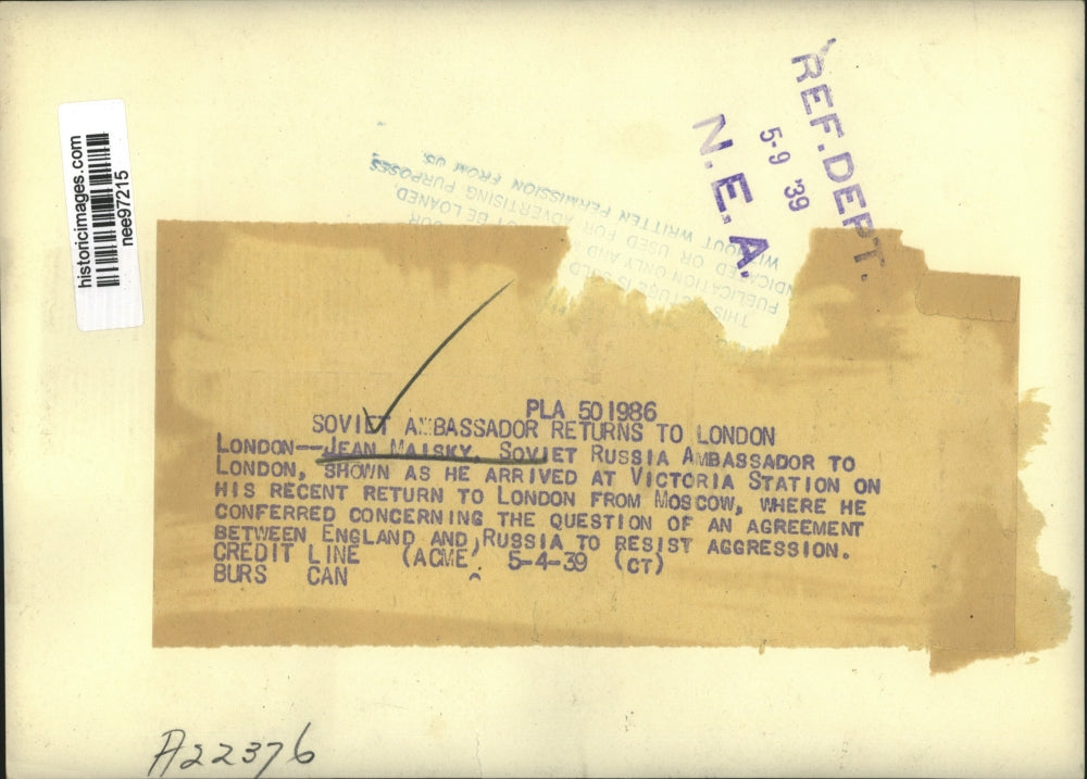 1939 Press Photo Jean Malsky,Soviet Amb. to London arrived at Victoria Station